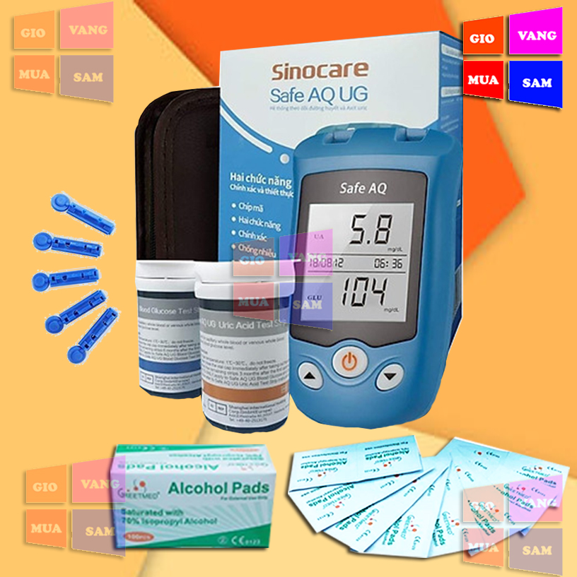 Máy đo đường huyết, Axit Uric 2 trong 1 Sinocare Safe AQ UG Tặng kèm 25 que thử đường huyết và 50 que thử Axit Uric và 50 kim chích