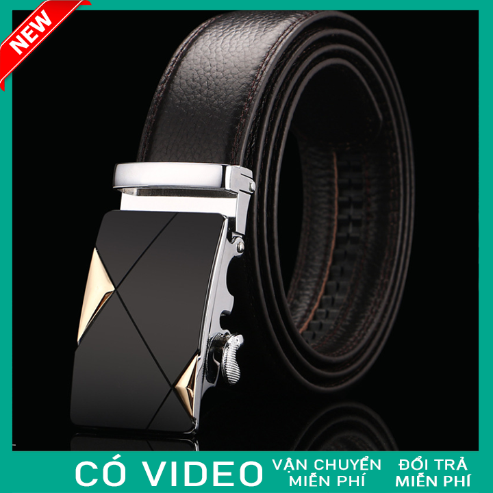 Thắt lưng da nam cao cấp họa tiết 2 tam giác, dây nịt nam da thật rộng 35mm khóa tự động mạ ti tan (shop sẵn hàng, có video thật tự quay)