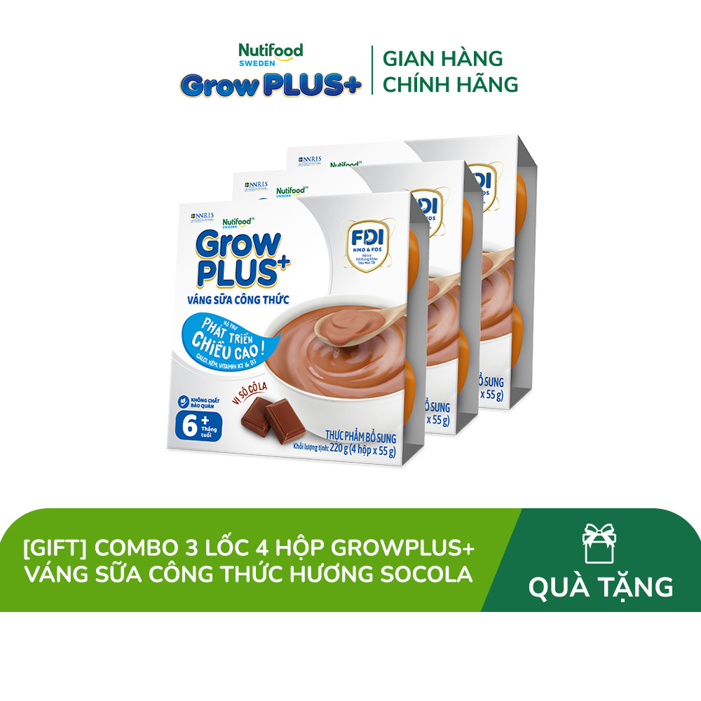 [Gift] Combo 3 Lốc 4 hộp GrowPLUS+ Váng sữa công thức Cao lớn vượt trội Socola