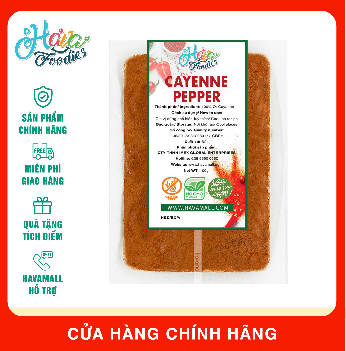 [ HÀNG CÔNG TY NHẬP KHẨU ] Ớt Bột Cayenne Thương Hiệu Hava Foodies Gói 100gr – Cayenne Pepper Powder
