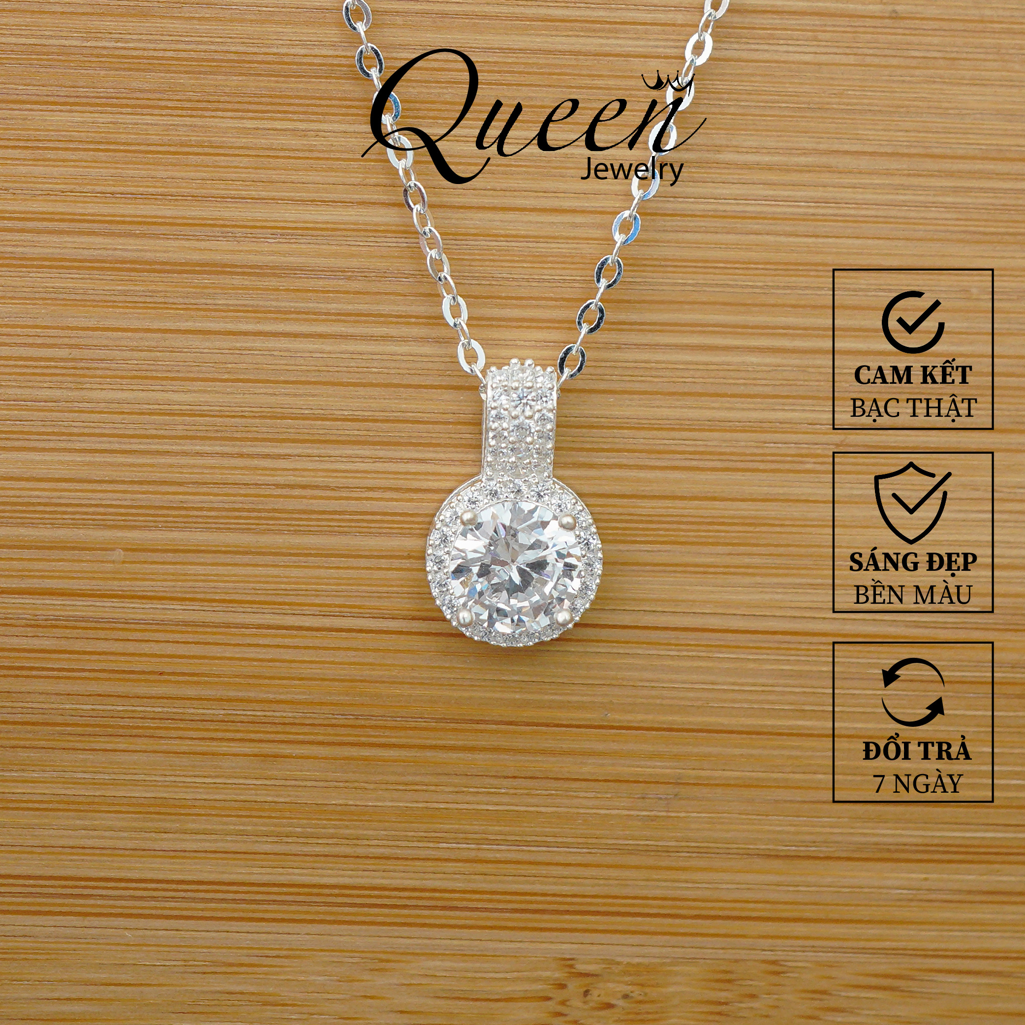 Dây chuyền nữ bạc thật mặt đính đá tròn cao cấp Queen Jewelry cam kết bạc chuẩn chất lượng