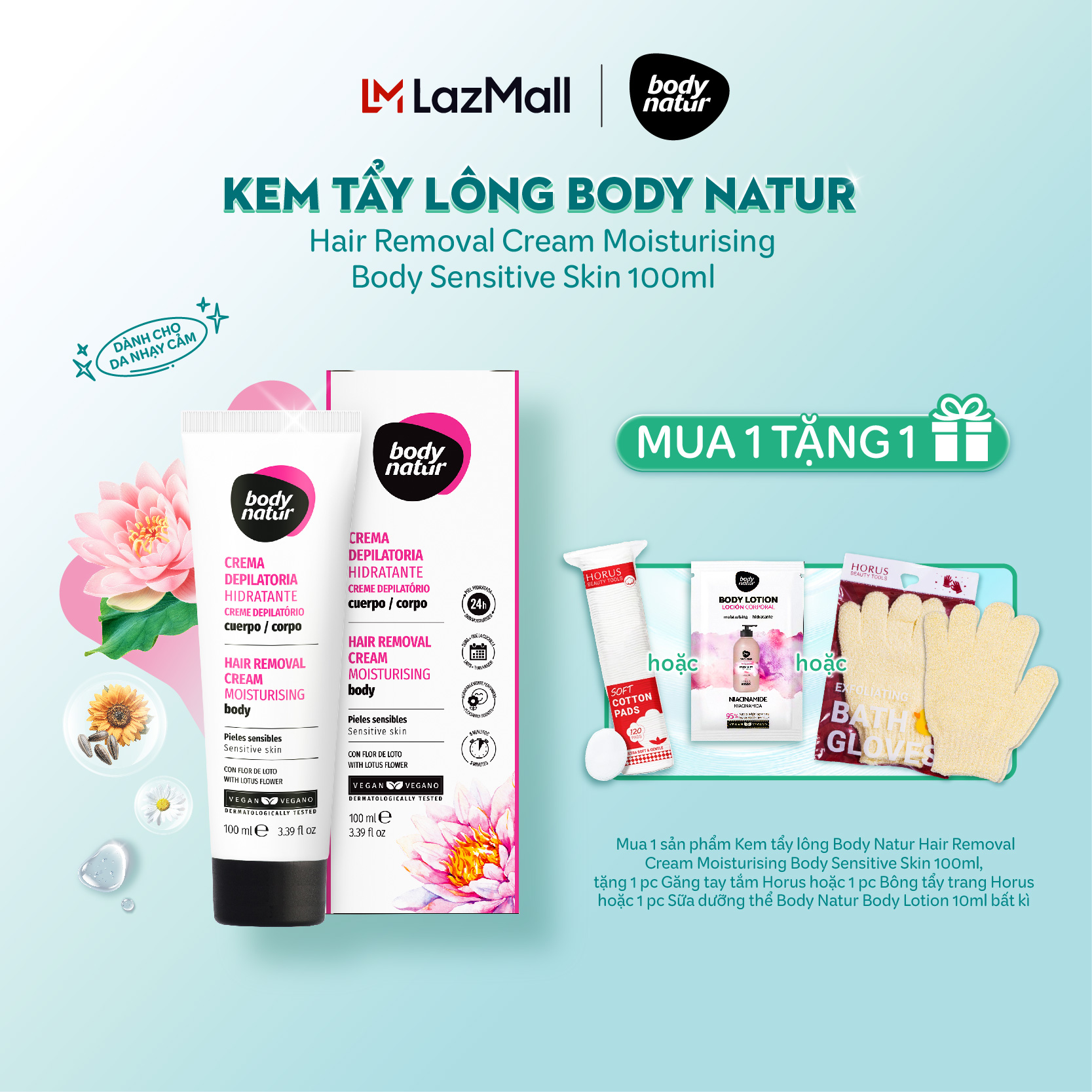 Kem tẩy lông Body Natur Hair Removal Cream Moisturising Body Sensitive Skin 100ml