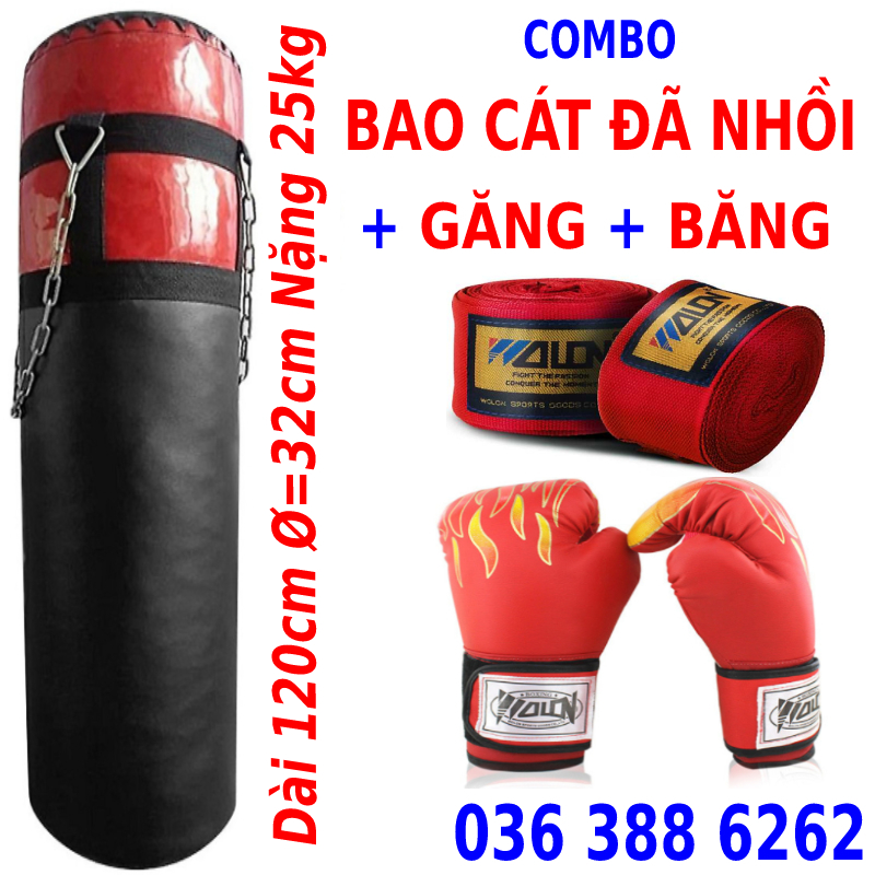 Bao Đấm Boxing dài 120cm năng 25kg đã nhồi hoàn thiện tặng găng boxing rồng lửa + băng đa boxing cuốn tay 3M