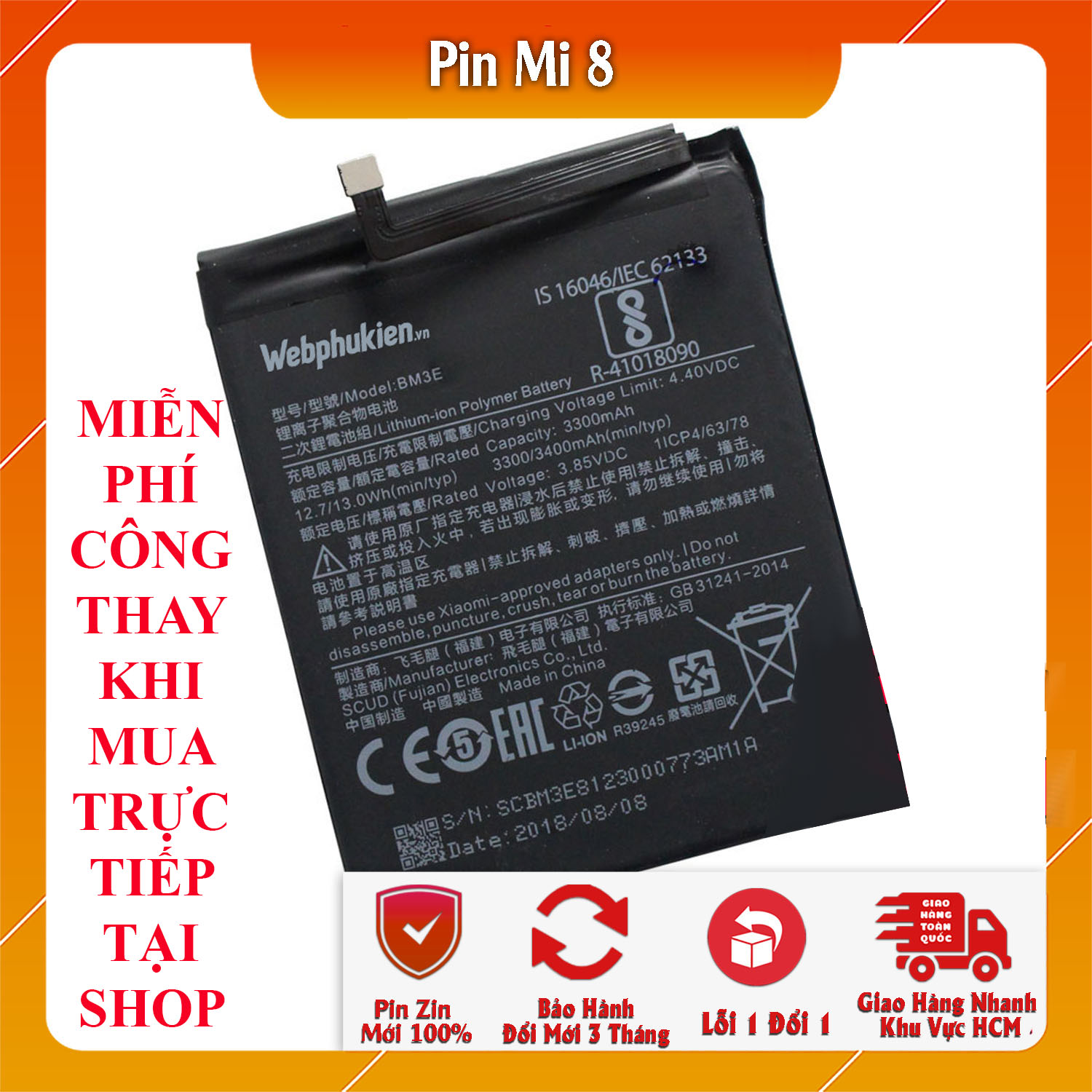 Pin webphukien cho xiaomi mi8 mi 8 bm3e 3400mah