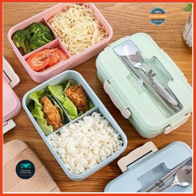 Hộp đựng cơm lúa mạch 3 ngăn kèm thìa đũa