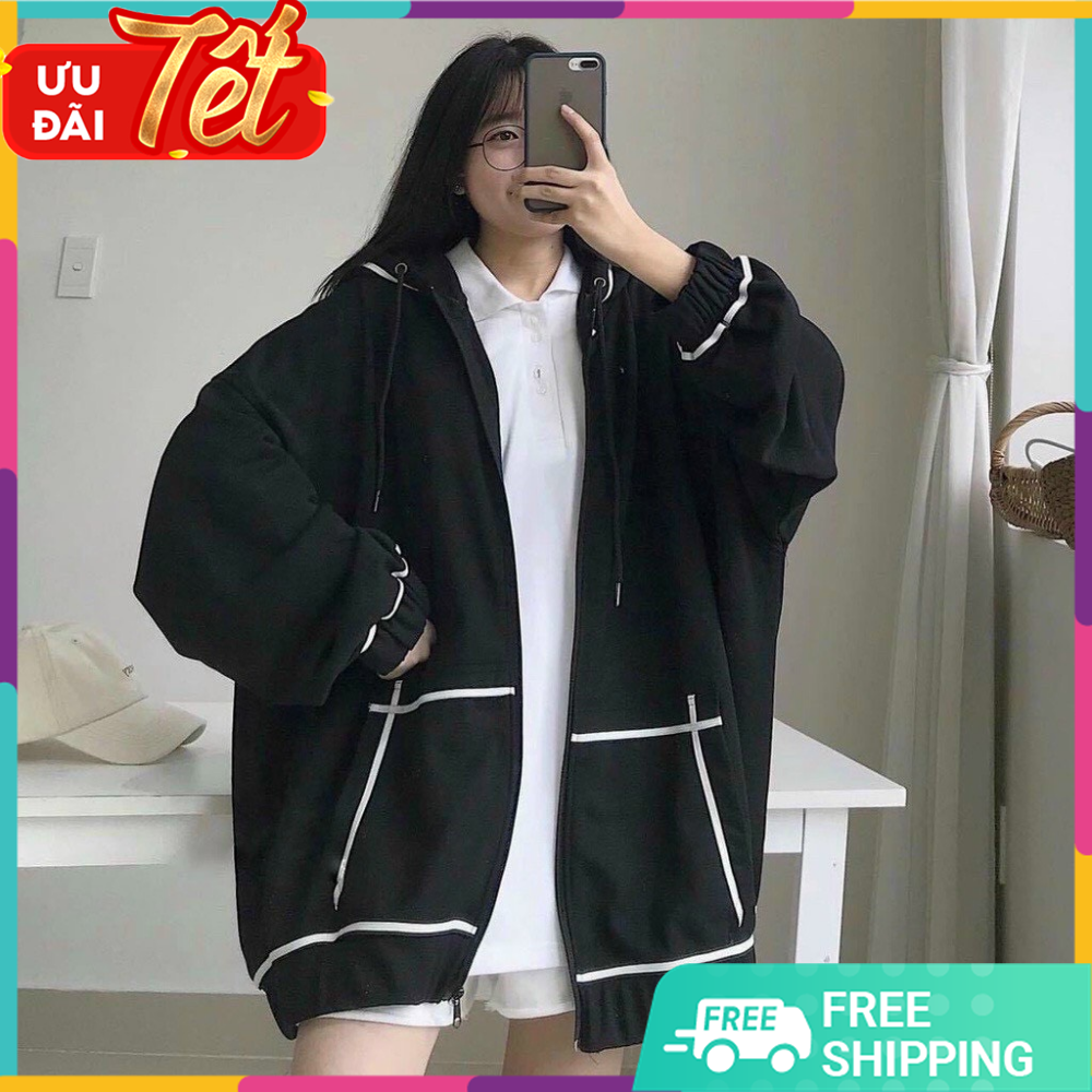 Áo khoác nỉ thời trang nữ có viền trắng nổi bật, áo khoác nữ nỉ PE dày dặn form thoải mái có túi và mũ áo 2 lớp.