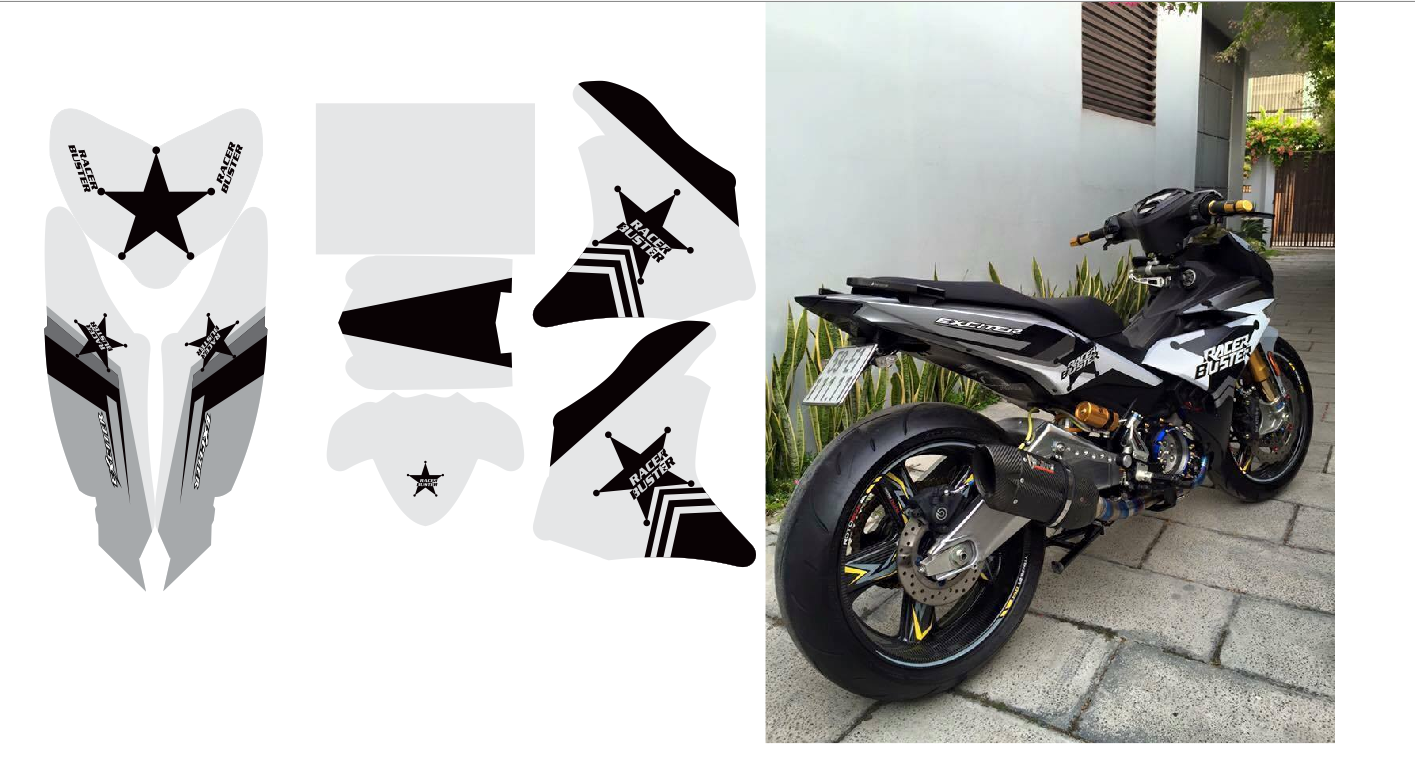 tem trùm xe exciter 150 màu đen xám racer buster độ đẹp - Tem xe máy ex 150  làm theo yêu cầu - tem xe exciter 150 màu đen xám đẹp rẻ