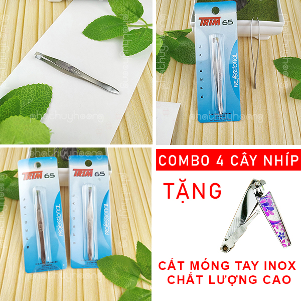 Combo 4 cây nhíp Trim hàng tốt tặng đồ cắt móng tay Inox chất lượng cao - nhíp gấp lông , nhíp nhổ râu , nhíp gấp mụn , nhíp gắp sticker , nhíp gắp mi giả , nhíp nhổ tóc bạc - Phát Huy Hoàng
