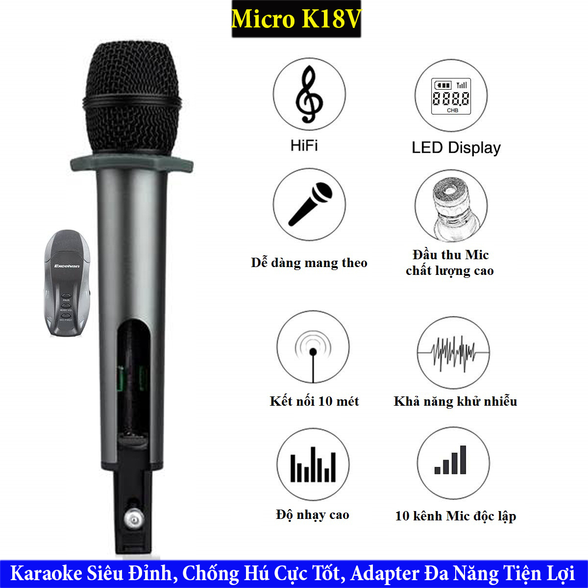 [HCM][ SIÊU PHẨM 2020 ] Micro Không Dây Excelvan K18V Cao Cấp Karaoke Siêu Đỉnh Hát Cực Hay Mic Xe Hơi Mic Ô tô Micro Kết Nối Loa Bluetooth-Âm Ly-Mixer Sóng VHF Chống Hú Cực Tốt Giọng Hát Nhẹ Hoạt Động Ổn Định Kết Nối Đa Năng