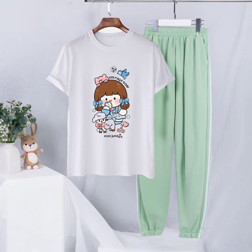 Sét Quần Áo Nữ Xinh Cute Mặc Ở Nhà YEGO Fashion In Hoạt Hình Bé Yêu Thú Kèm Quần Thun Xanh Bo Gấu