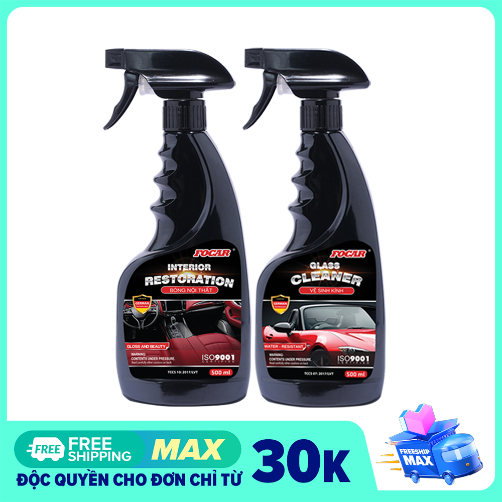 Set 2 sản phẩm Dưỡng Bóng nội thất ô tô Focar Interion Restoration 0,5L + Dung dịch vệ sinh kính Glass Cleaner 0,5L