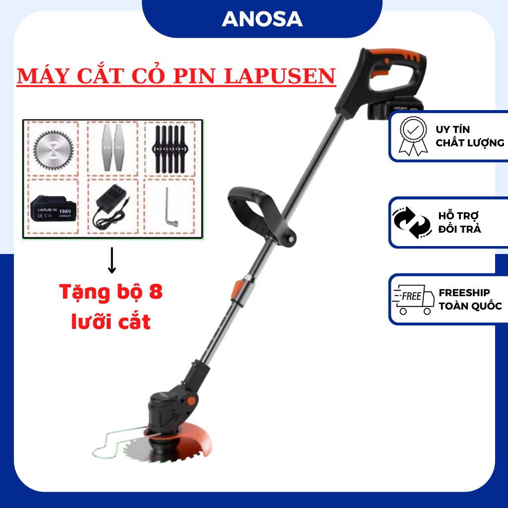 Máy cắt cỏ dùng pin lapusen 198v, máy phát cỏ cầm tay tặng bộ 8 lưỡi cắt