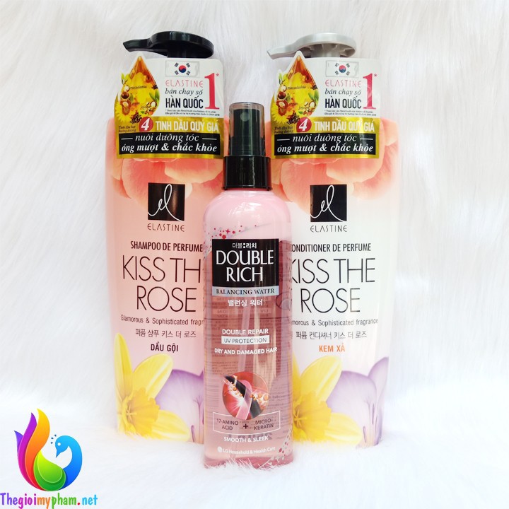 Combo Elastine Kiss The Rose: Gội 600ml + Xả 600ml + Dưỡng Tóc Khô  Xơ Và Hư Tổn Double Rich 250ml