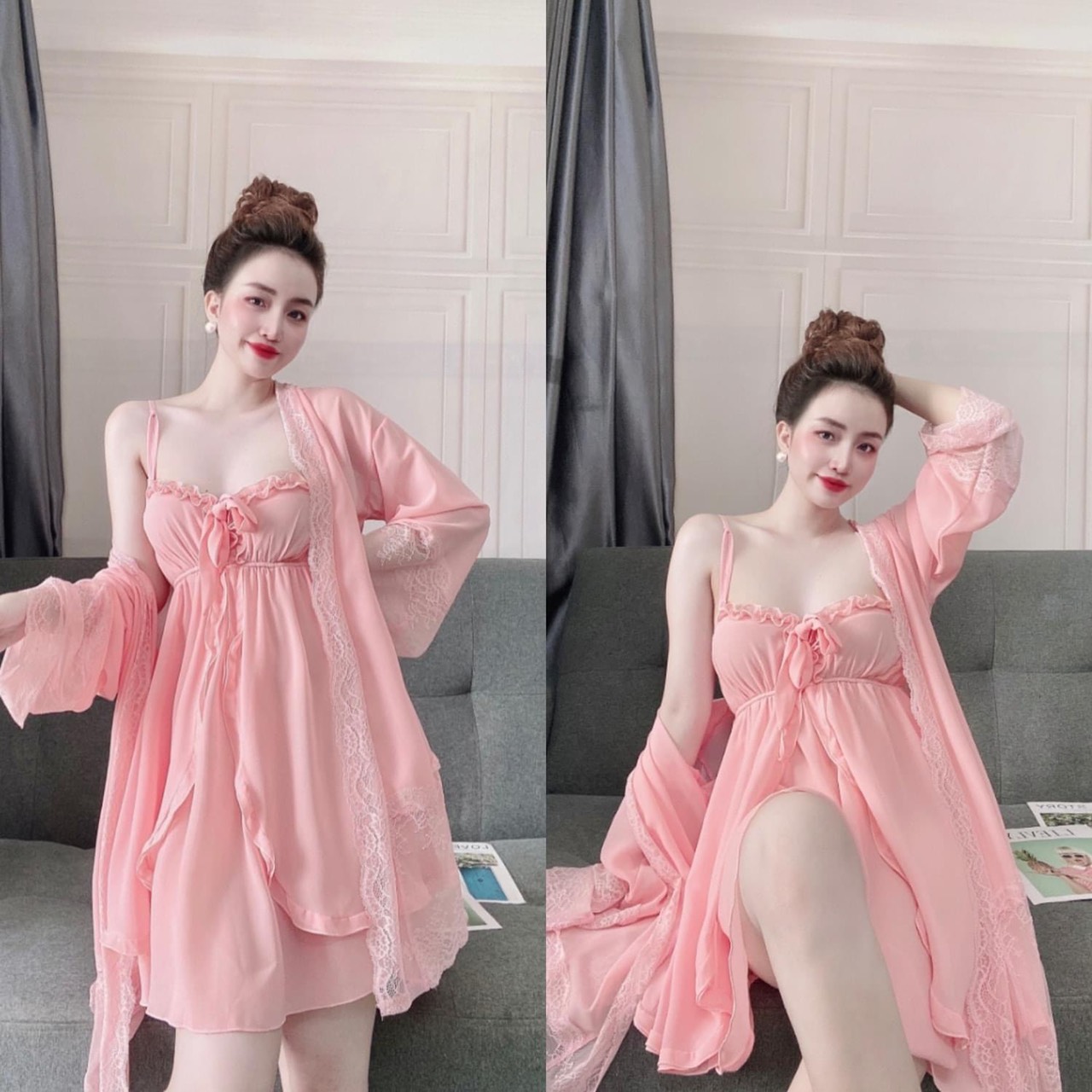 Combo đầm voan kèm áo choàng siêu xinh lung linh, áo có mút gợi cảm sexy đi kèm quần ngắn - combo đầm voan