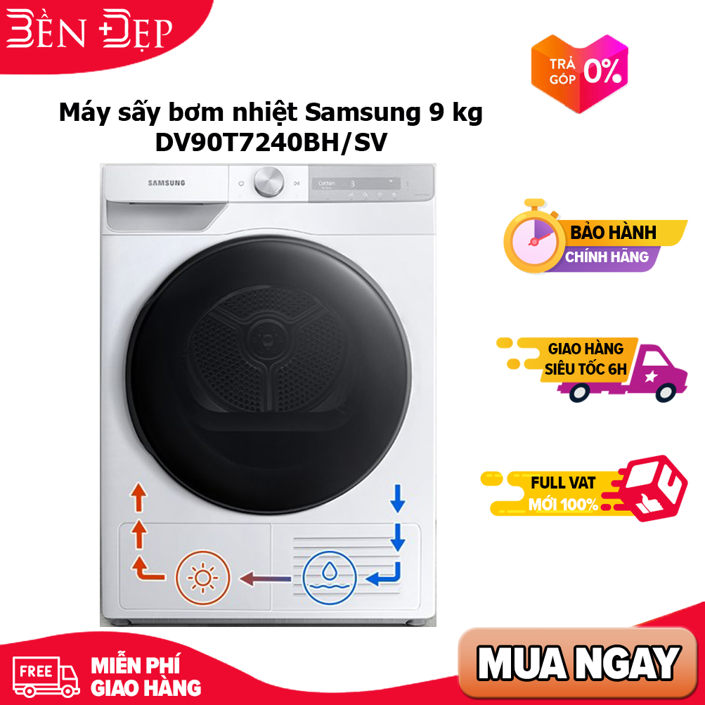 Máy sấy bơm nhiệt samsung 9 kg dv90t7240bh/sv