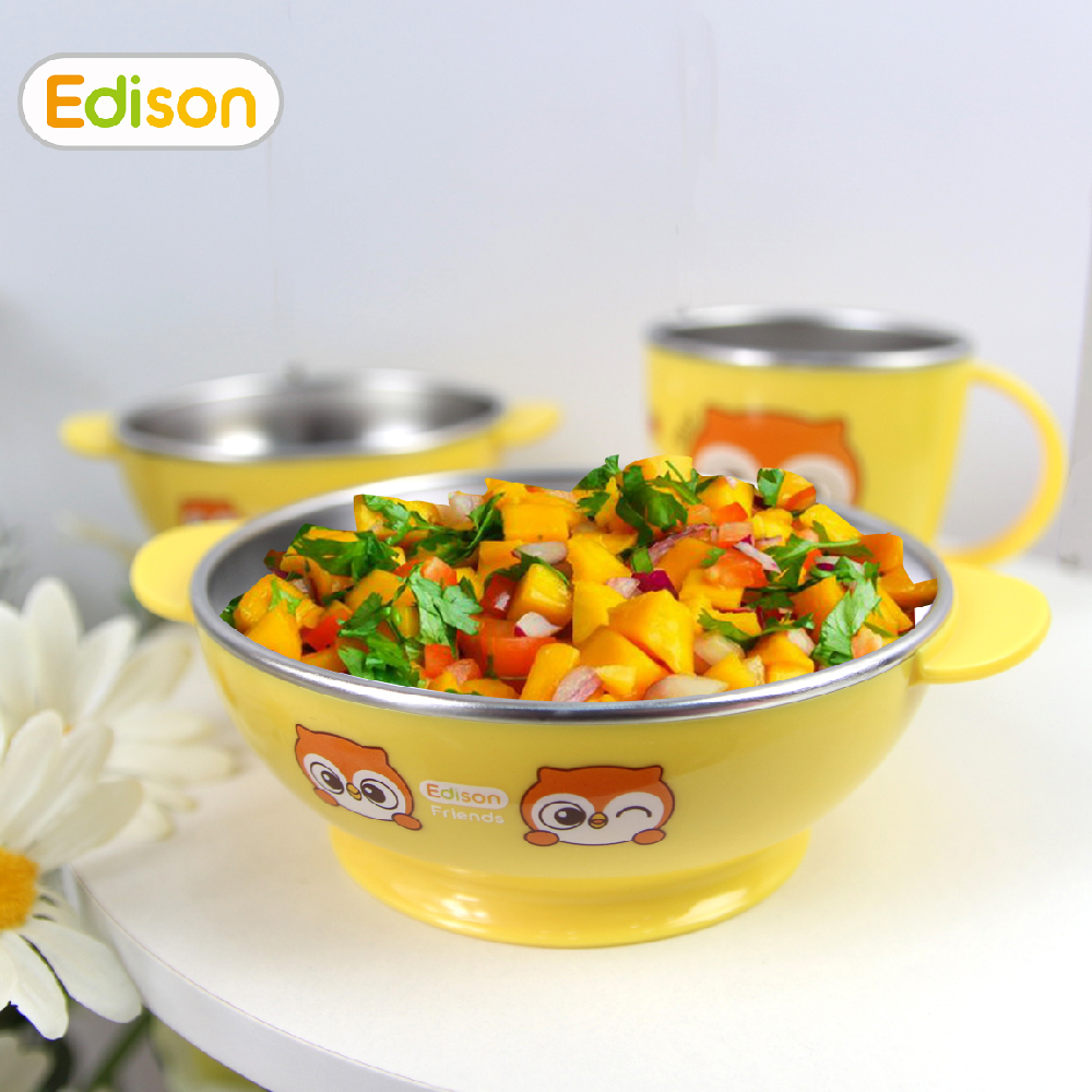 Bát ăn dặm inox 2 lớp giữ nhiệt Hàn Quốc có đế silicon chống trượt size to Edison 6636 hình Cú Mèo
