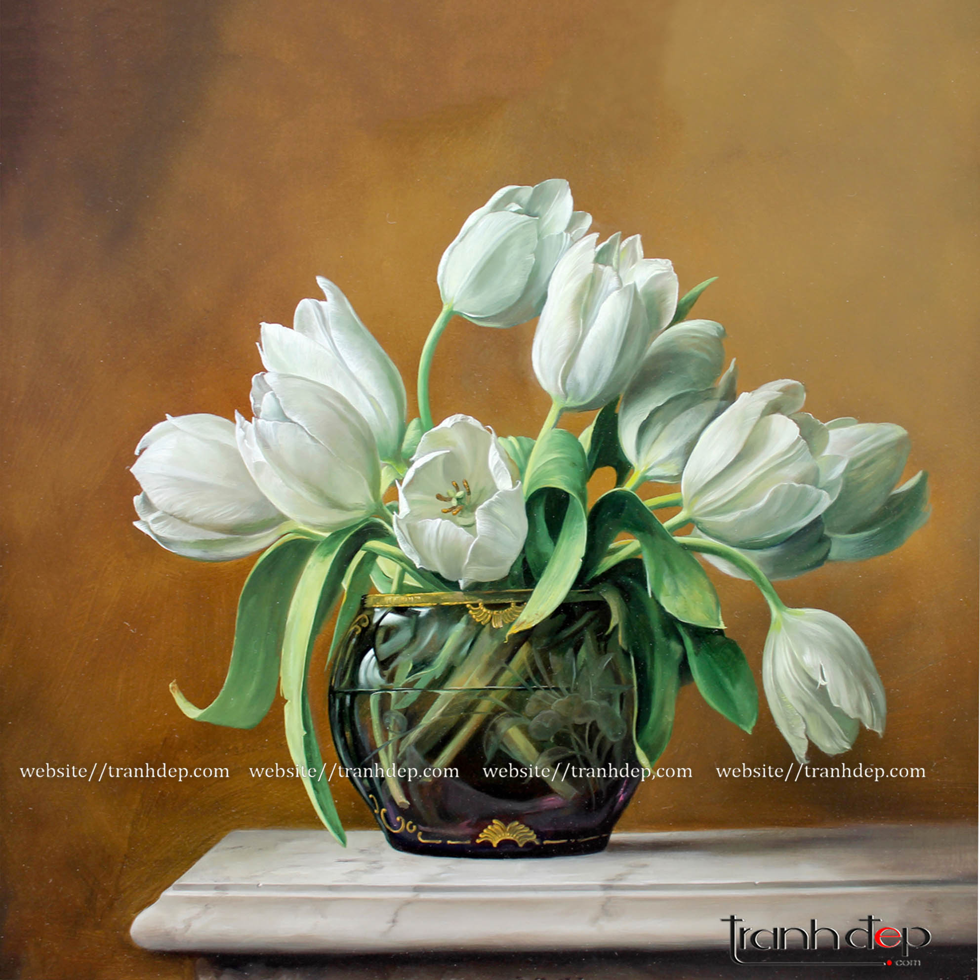 Tranh sơn dầu Bình Hoa Khoe Sắc M1249  Tranh vẽ Hoa Tulip đẹp