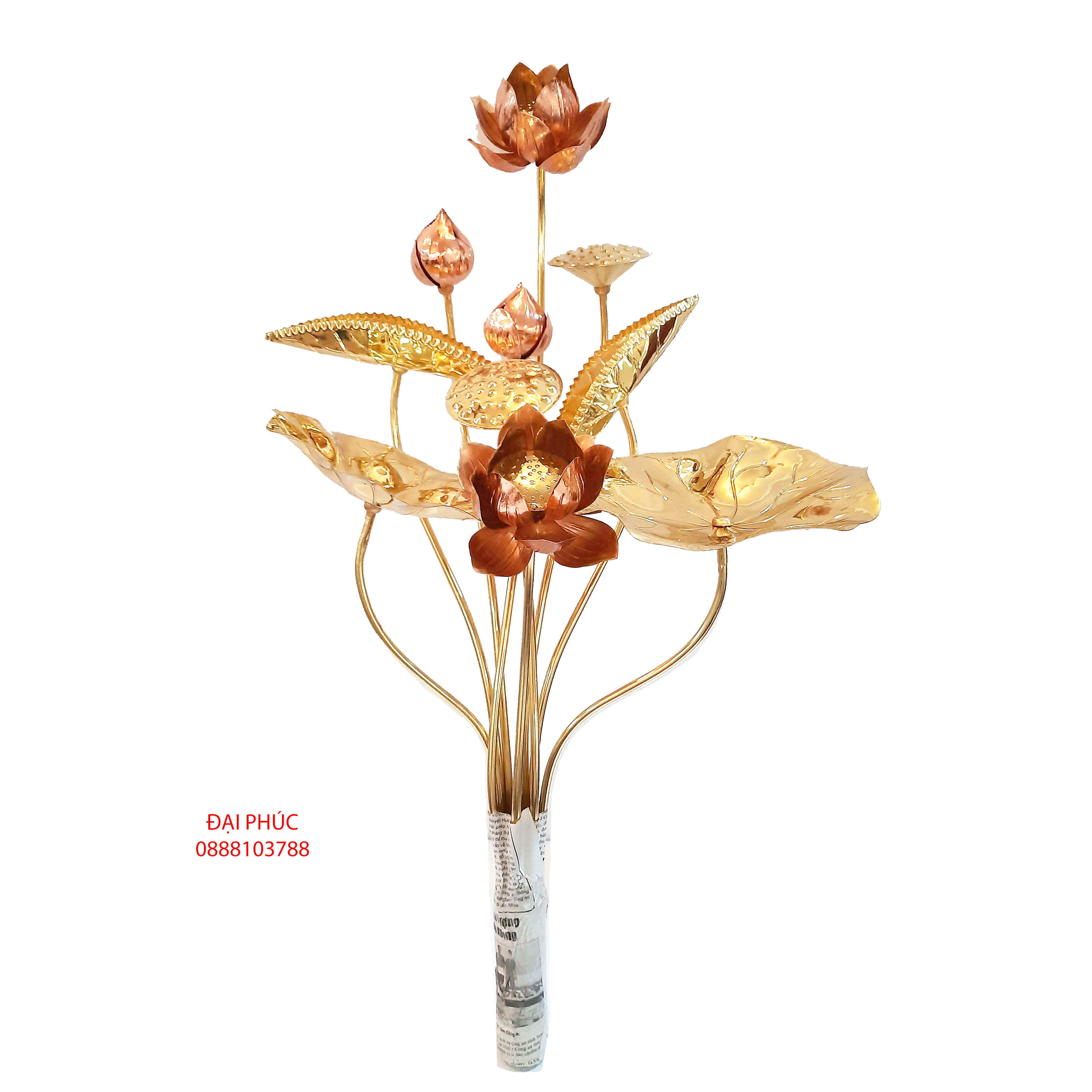 Bó hoa sen bằng đồng vàng pha đỏ 10 bông (cỡ nhỏ)