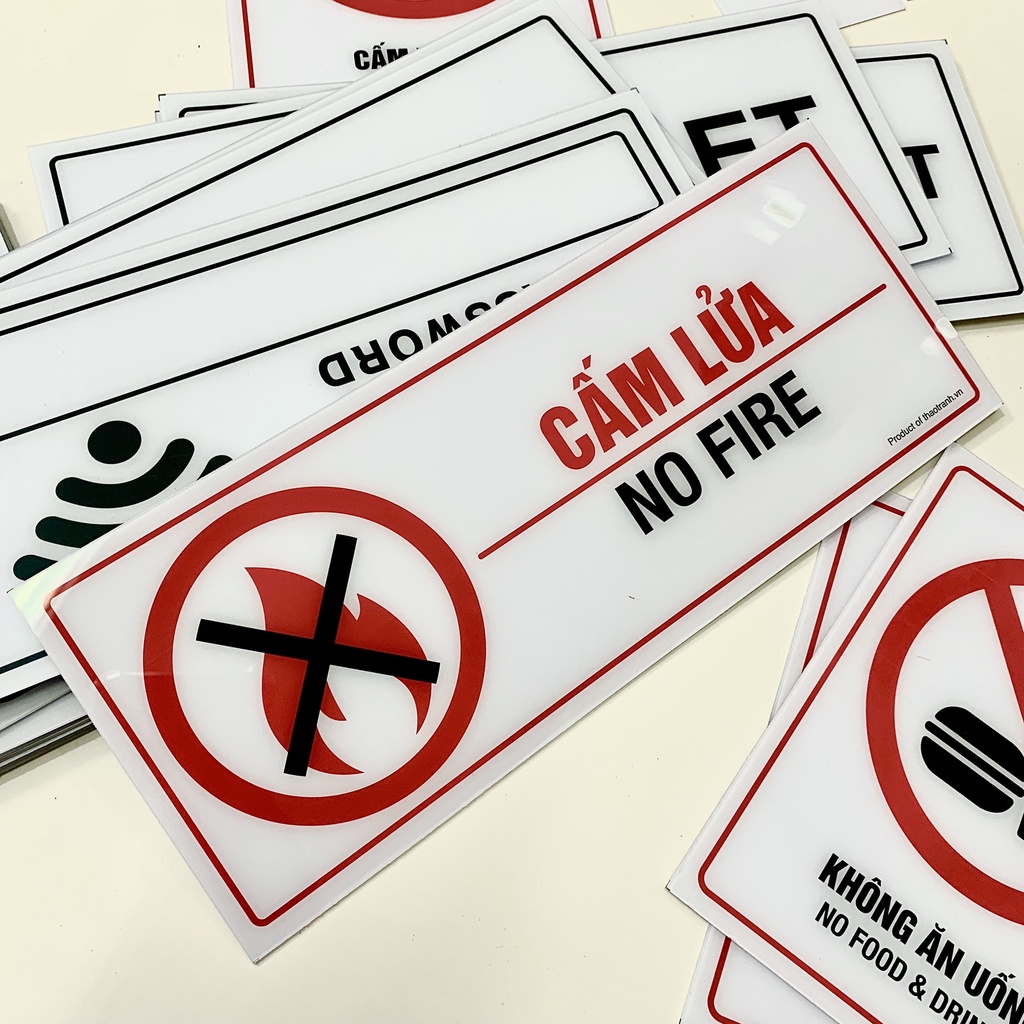 Biển decal cảnh báo cấm lửa 25x10cm no fire sign tem sticker trang trí dán kính