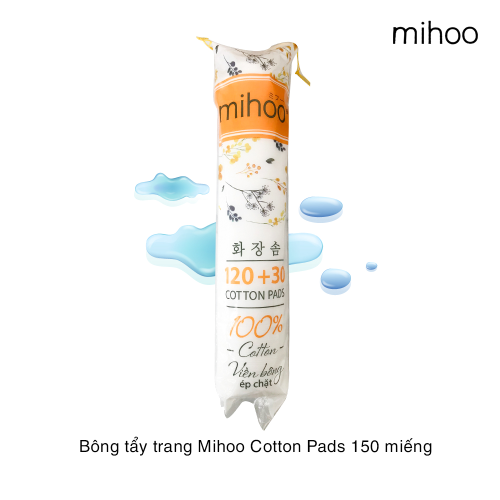 Bông tẩy trang Mihoo100% cotton 3 lớp mềm mịn thấm hút cực tốt ép viền chặt 150 miếng (120 + 30) nhập khẩu Hàn Quốc, kết hợp tốt với nước tẩy trang