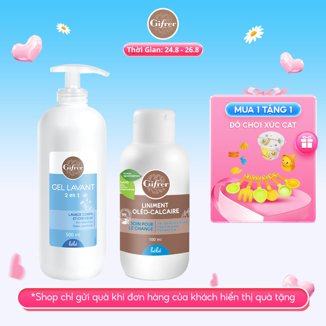 Sữa Tắm 2 Trong 1 500ml Và Kem Thay Tã Bỉm Dành Cho Bé 100ml GIFRER Làm Sạch, Xoa Dịu Hăm Tã - Số 1 tại Pháp