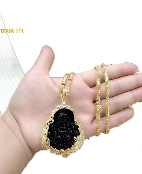 Bộ Dây chuyền , vòng cổ ống rồng mạ vàng 24k - Kèm mặt di lạc đá đen viền bọc titan mạ vàng