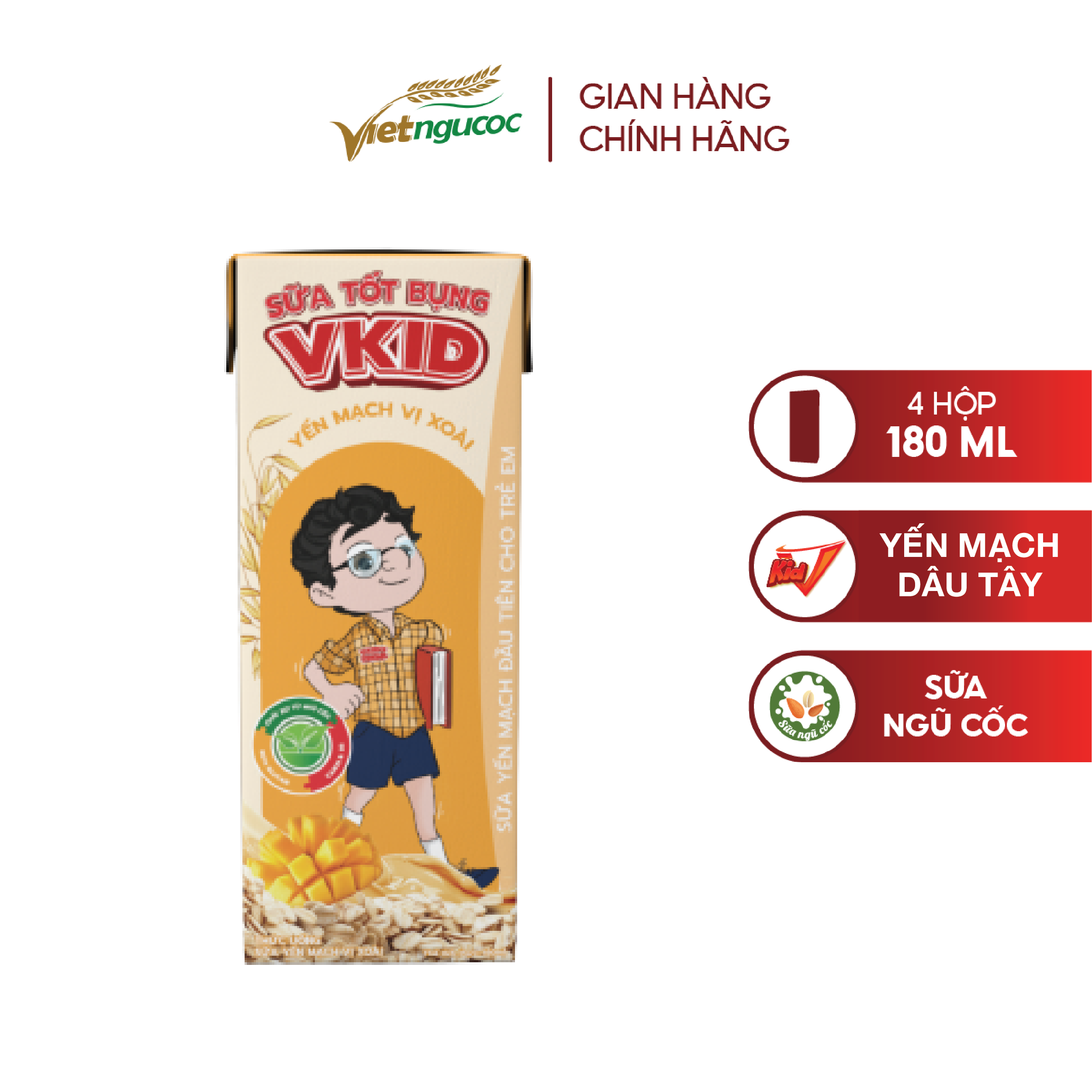 Combo 4 lốc sữa yến mạch vkid việt ngũ cốc vị xoài lốc 4 hộp 180ml