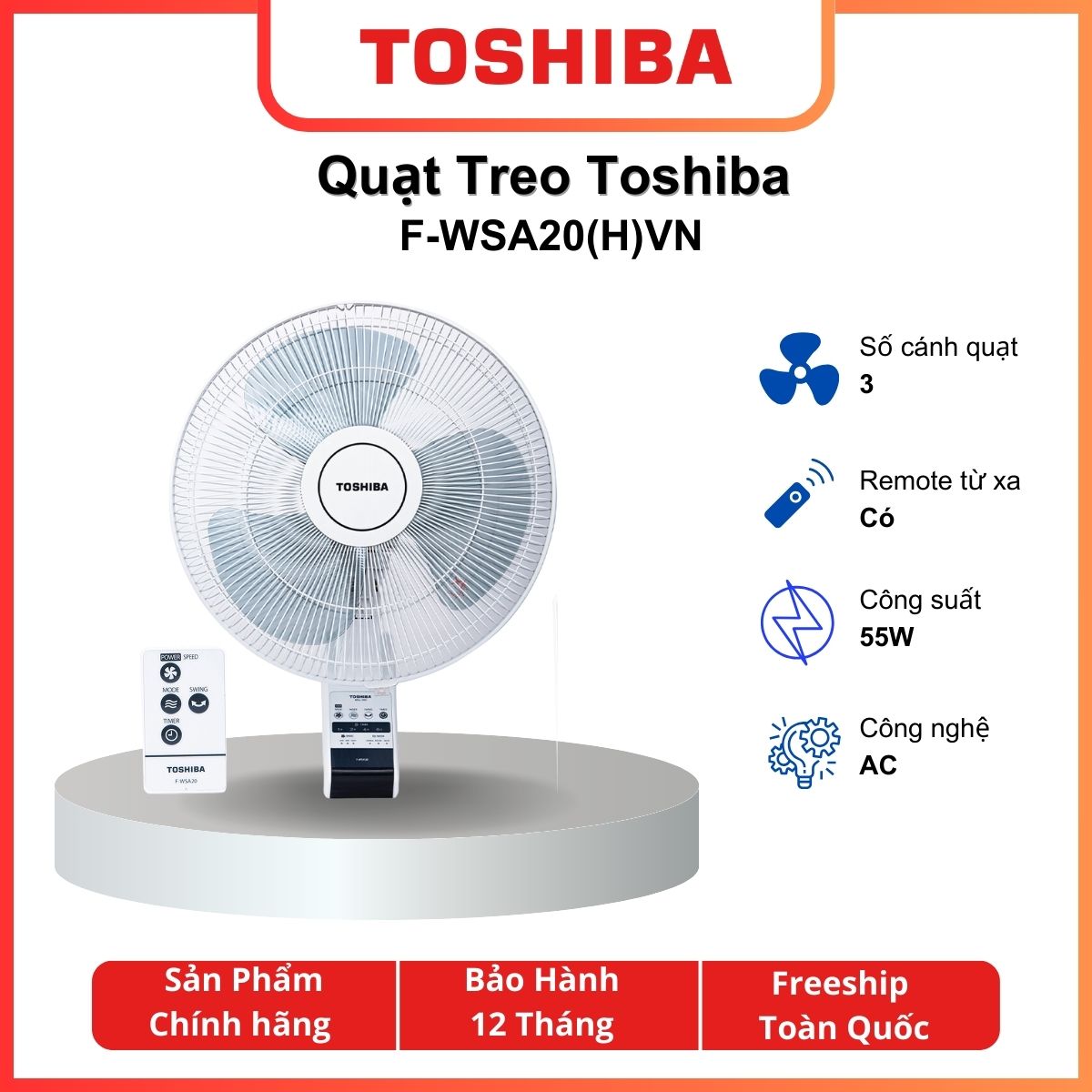 Quạt, quạt treo Toshiba F-WSA20(H)VN - Có điều khiển - 55 W - 3 mức gió - Hàng chính hãng - Bảo hành 12 tháng - - Giao Hỏa Tốc 2H