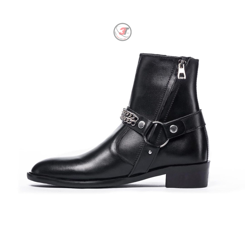 Giày harness boots nam classic, bốt cao cổ ,khóa kéo,kèm phụ kiện dây xích bạc,da không gã ,không tróc, mẫu mới