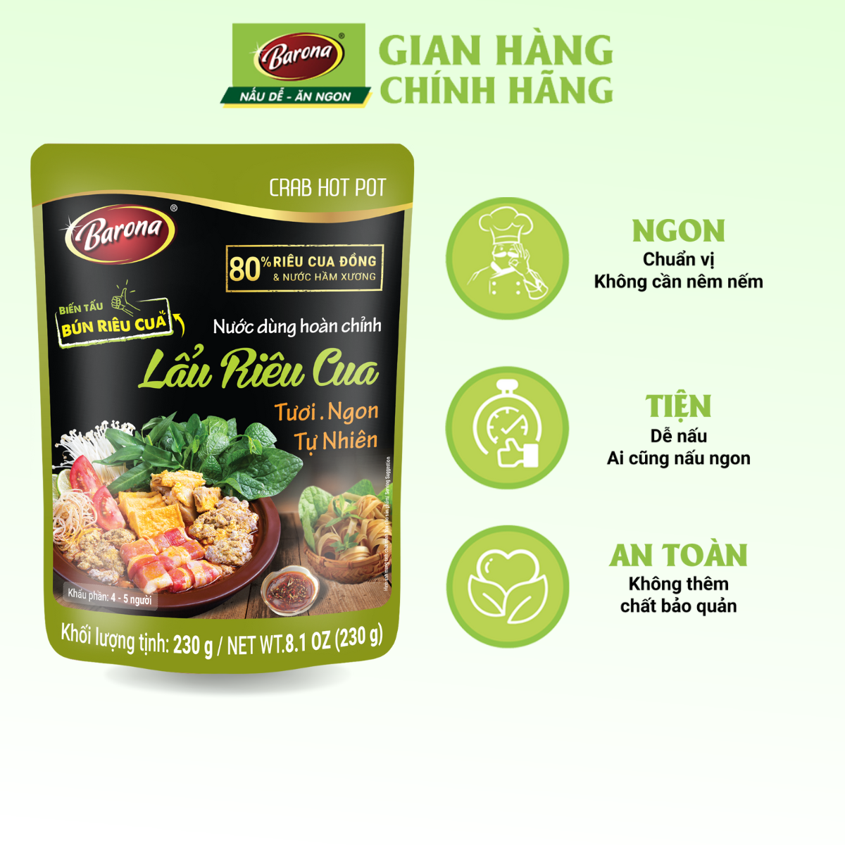 Nước Dùng Lẩu Riêu Cua Barona 230g tươi ngon chuẩn vị không cần nêm nếm