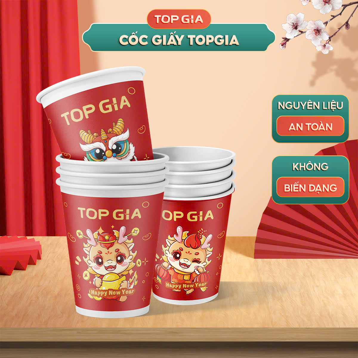  Set Cốc giấy cao cấp TOPGIA dùng 1 lần cho ngày Tết cứng cáp không nắp 240ml an toàn thân thiện với môi trường 