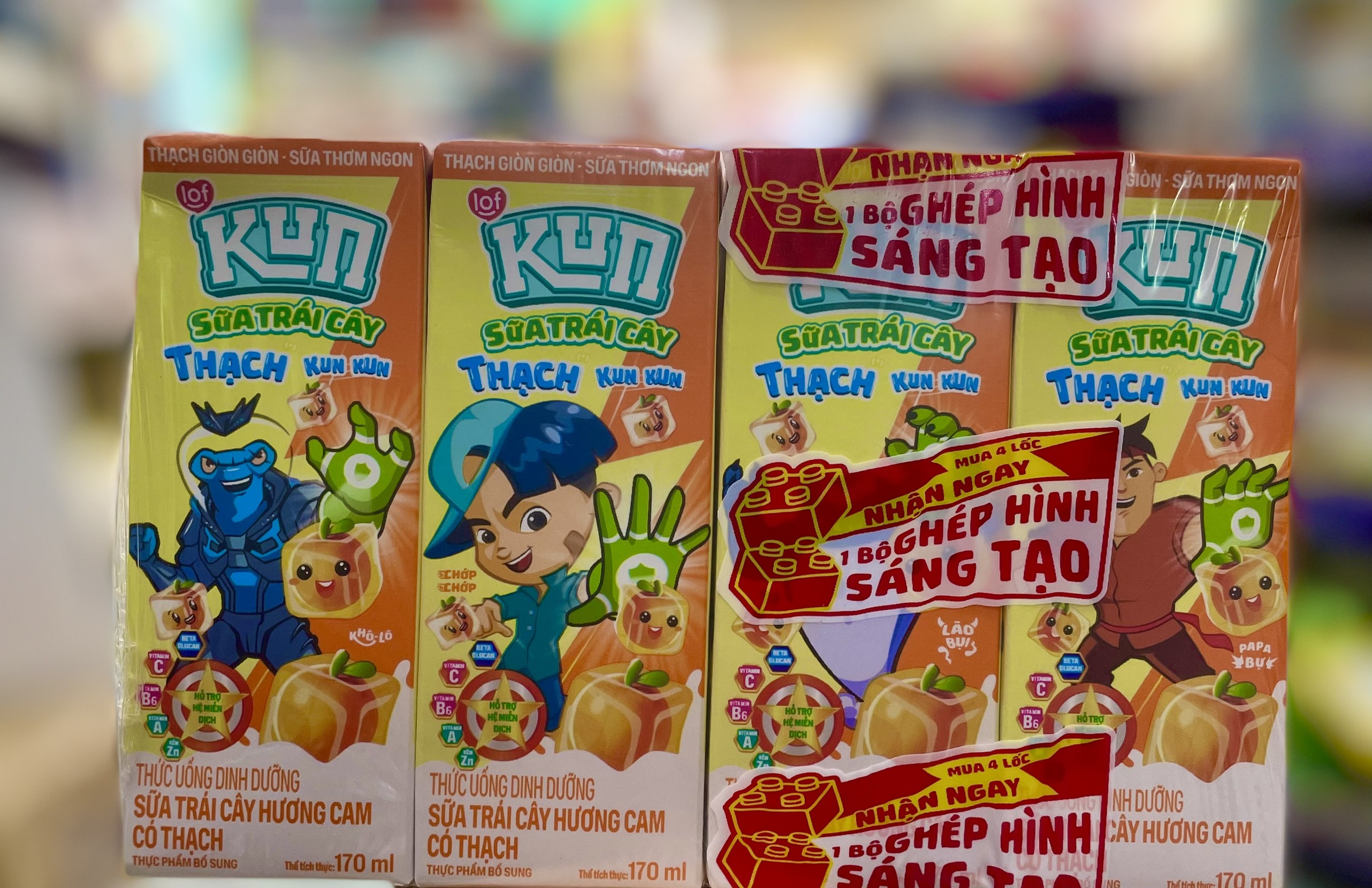 Combo 4 lốc 170ml Sữa Kun Thạch Lúa Mạch, Cam, Dâu