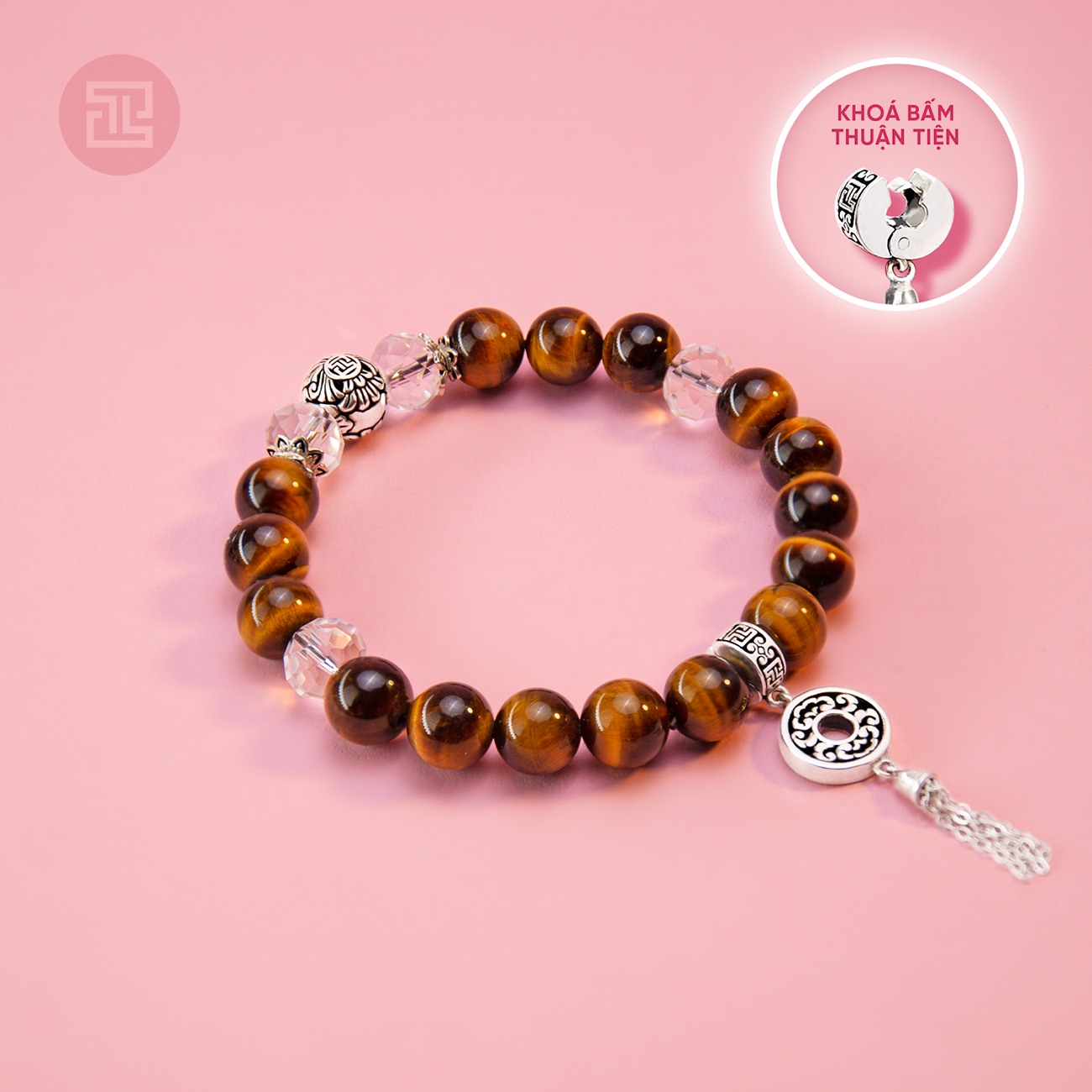 Tinh lâm vòng tay phong thủy đá mắt hổ nâu 8 li - charm ngọc bội dạng bấm