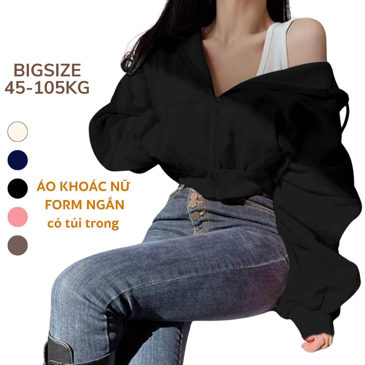 45-105KG Áo Khoác Nỉ Croptop Bigsize Hoodie Zip Dáng Ngắn Form Rộng Mũ To, Có Túi Trong