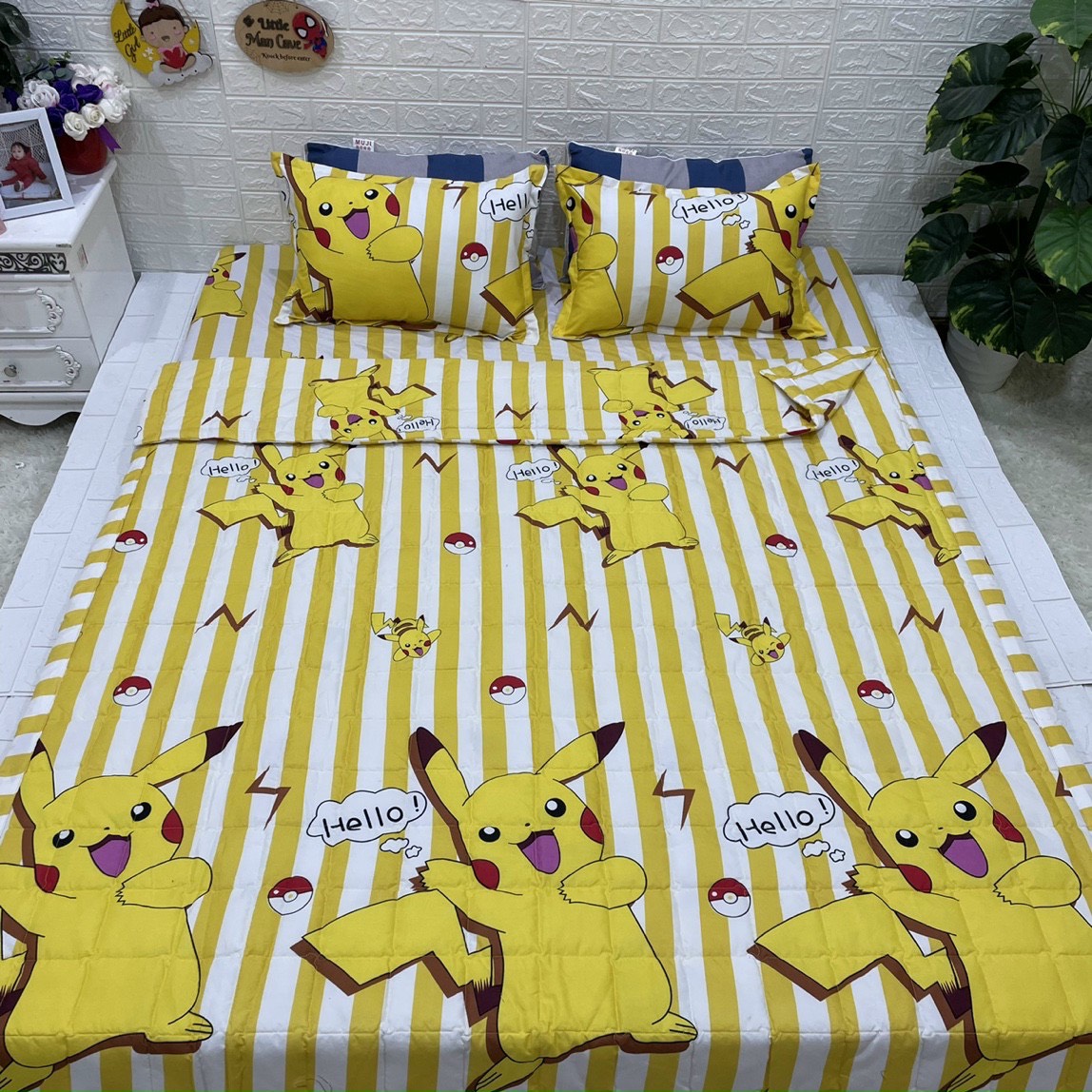 Bộ Chăn Ga Gối Cotton Poly Pokemon Vàng -  chất Liệu Thoáng Mát , Kích Cỡ Đa Dạng , By. Gòn