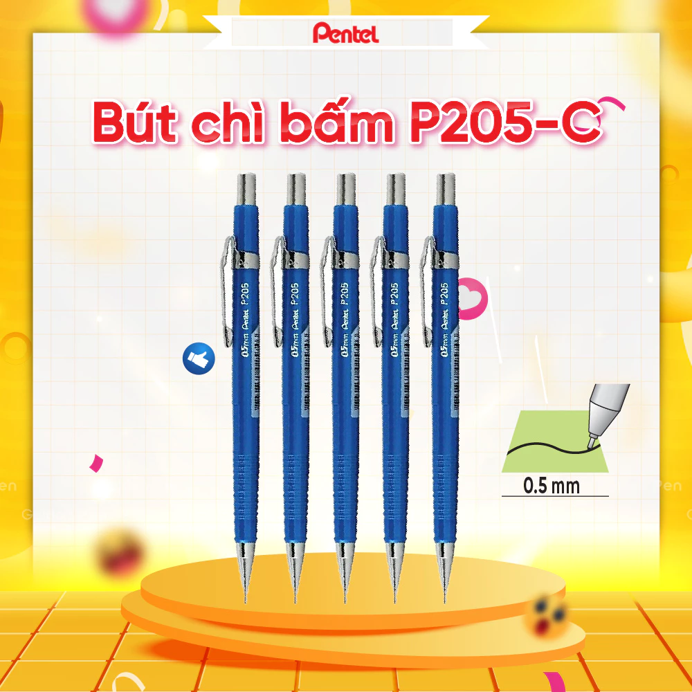 Bút chì kim Pentel P205 ngòi 0.5mm đầu bút bằng inox chống gỉ ruột chì tự xoay viết mượt đều màu