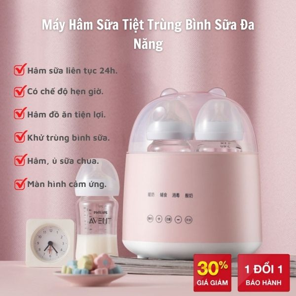 Máy hâm sữa tiệt trùng 2 bình đa năng, màn hình cảm ứng 4 chức năng tiện lợi