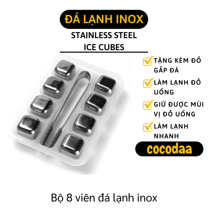 Đá inox 304 lạnh vĩnh cửu - Hộp 8 viên đá lạnh tự nhiên, đá lạnh vĩnh viễn kèm cây gắp đá dùng uống rượu vang - Đá không tan