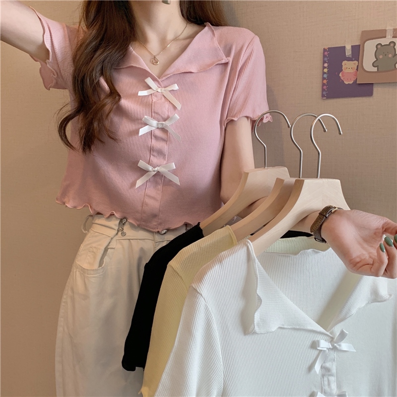 Large women's summer slightly fat mm bow wood ear V-neck T-shirt short sleeve sweet cool thin chic short top