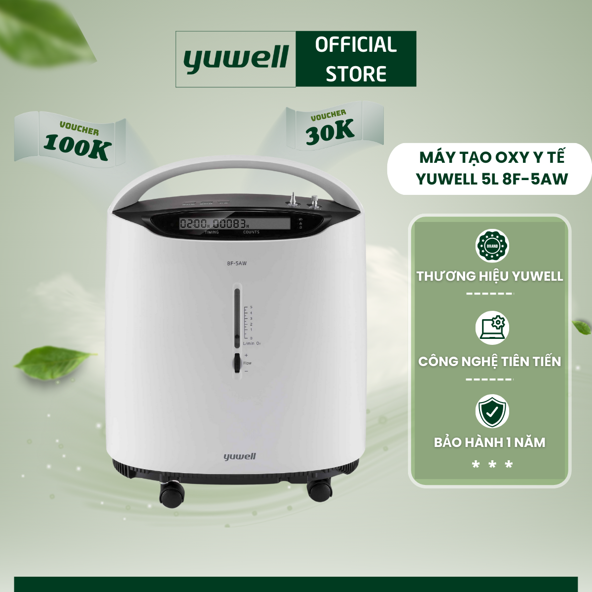 Máy tạo oxy y tế tại nhà yuwell 8f-5aw - oxy tinh khiết 93% - hỗ trợ bệnh tim mạch, hệ hô hấp - bảo hành 1 năm
