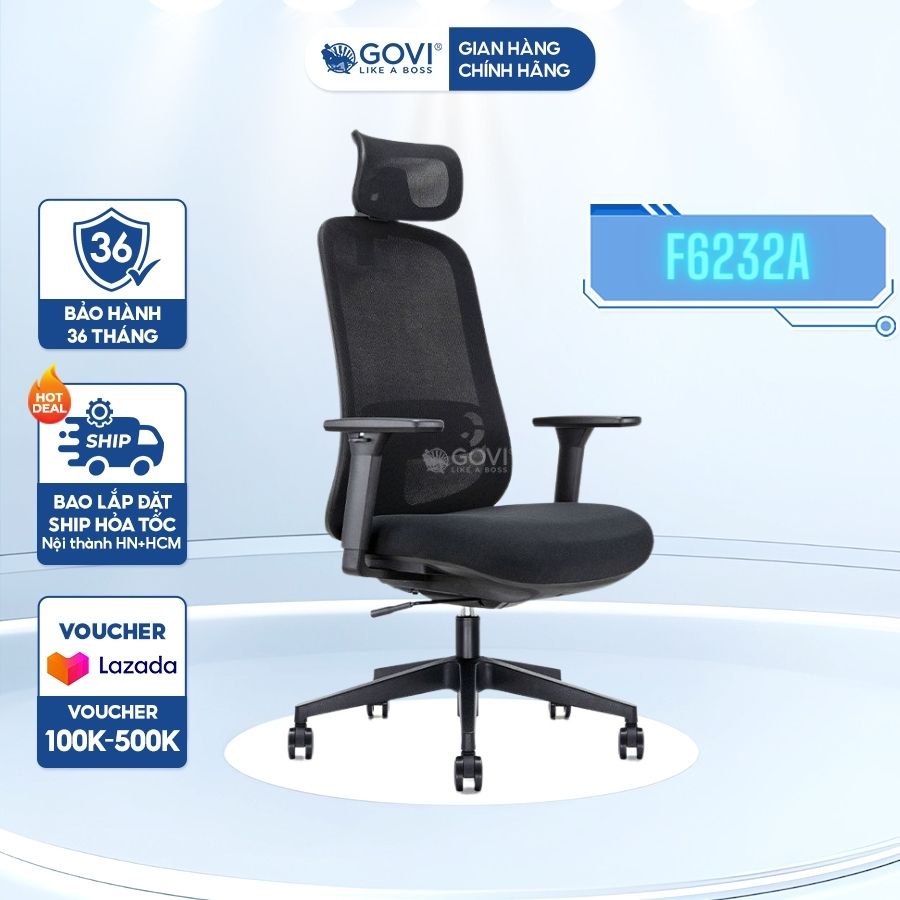 Ghế công thái học Ergonomic GOVI Felix F6232A - Thiết kế tựa đầu điều chỉnh độ cao, tựa tay 3D nâng hạ, mâm ghế ngả 135 độ, khóa cố định 2 vị trí