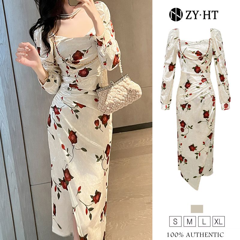 ZYHT EraVogue Đầm Váy nữ váy trắng váy cổ vuông váy dài tay váy nhung váy xã hội cao cấp váy sự kiện váy cổ điển váy Pháp 11115