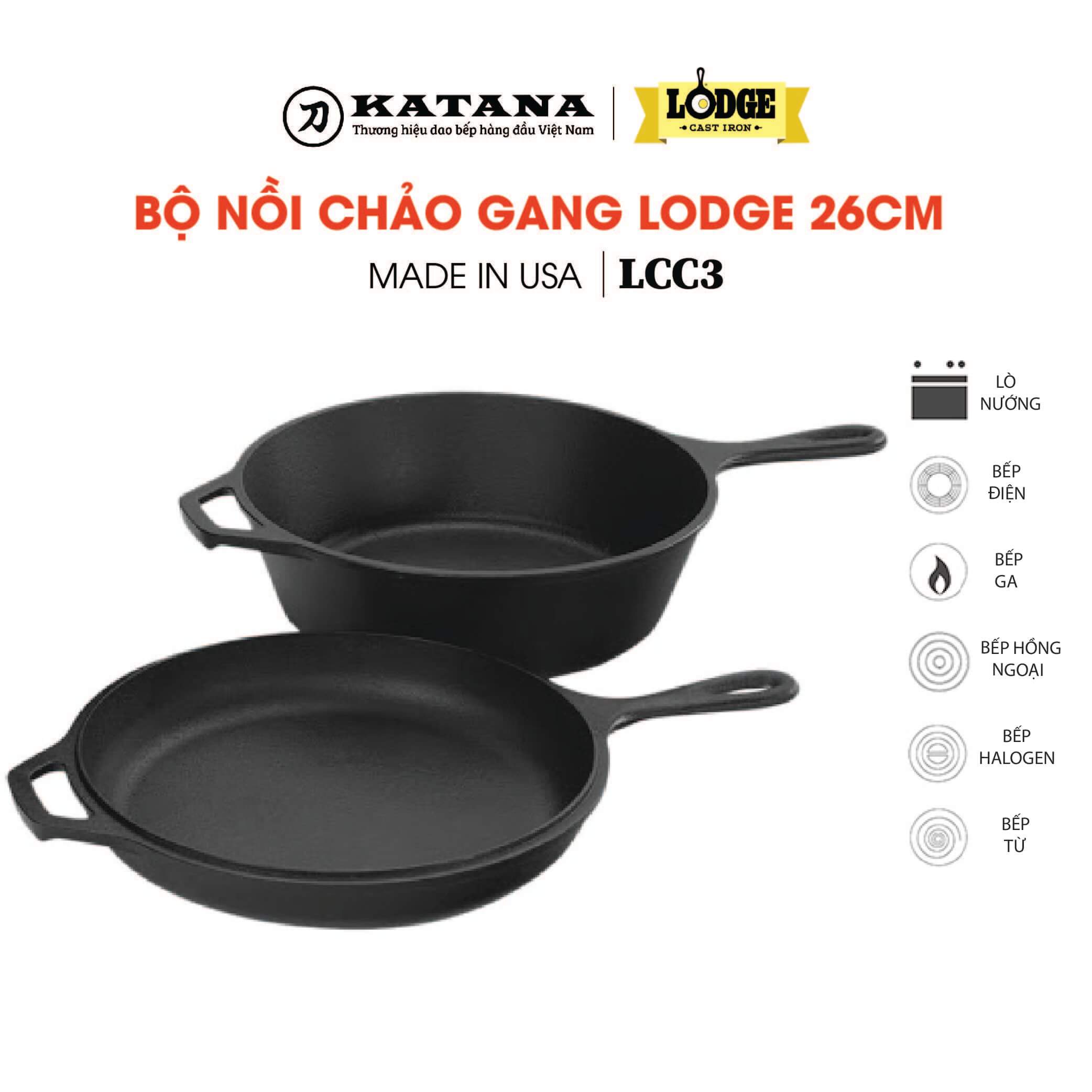 Bộ nồi chảo Lodge 26cm - Bộ nồi chảo gang không dính nhập khẩu từ Mỹ - Bảo hành chính hãng