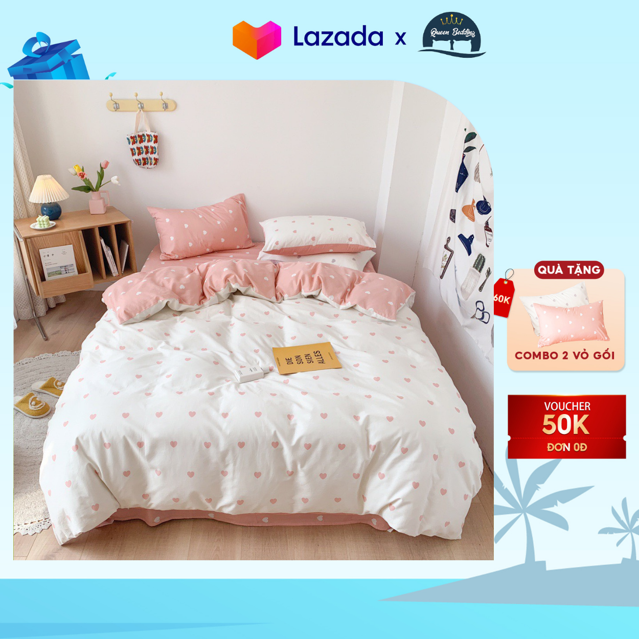 Bộ chăn ga gối 2 mặt cotton poly họa tiết tim nhỏ, set 4 món đủ màu
