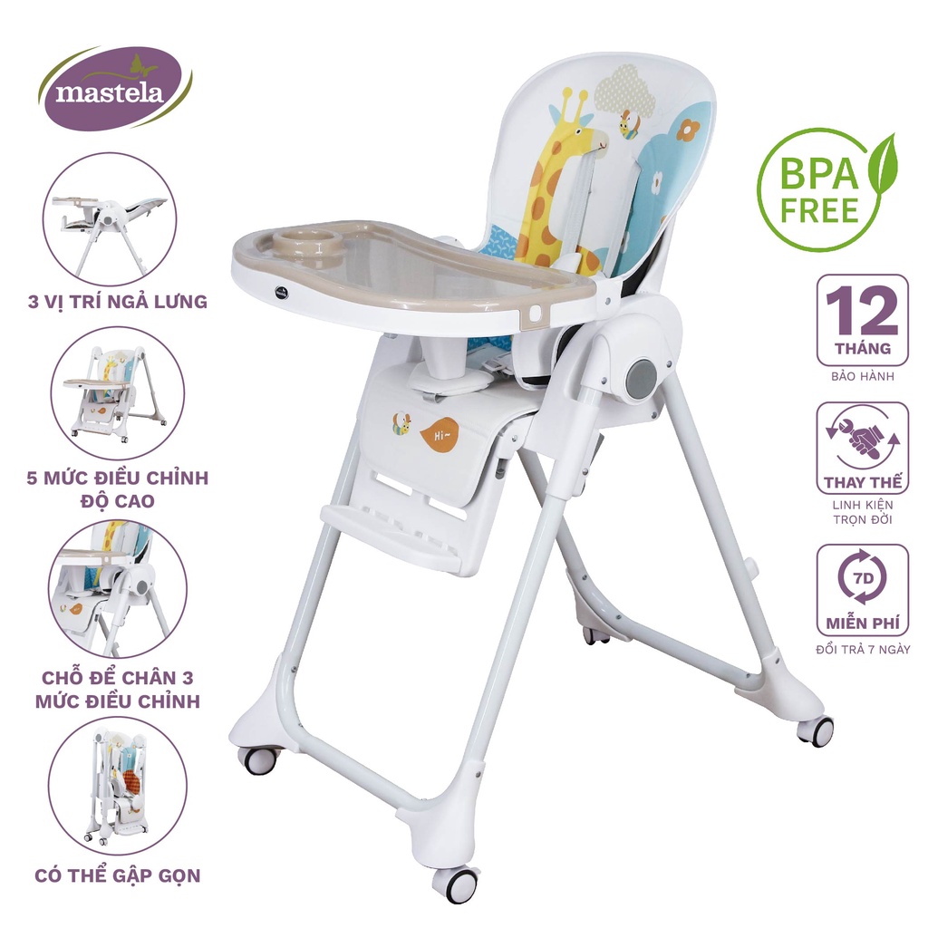 Ghế ăn dặm cho bé Mastela 1015 chuẩn ASTM Mỹ - Ghế ăn dặm đa năng cho bé gập gọn có thể điều chỉnh độ cao và ngả lưng, có bánh xe và khay ăn tháo rời cho bé ăn dặm kiểu Nhật, BLW
