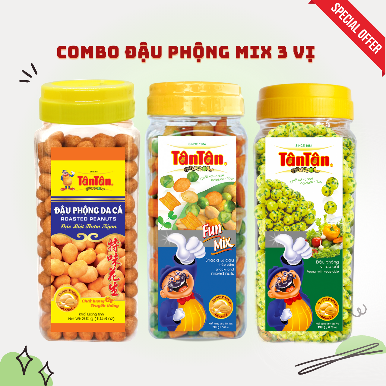 Combo 3 hủ đậu phộng tân tân: đp da cá, snack và đậu thập cẩm, đp vị rau cải