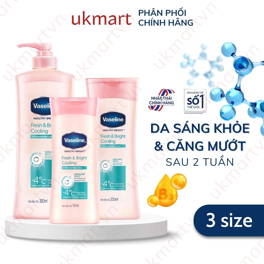 Sữa Dưỡng Thể Vaseline Dịu Mát Trắng Da Healthy White Fresh & Bright Cooling UV Gel Lotion 10X Lần Niacinamide Giúp Da Sáng Khỏe Mịn Căng Cùng Tinh Chất Menthol Đem Đến Cảm Giác Mát Lạnh Như Tuyết Tan Trên Da