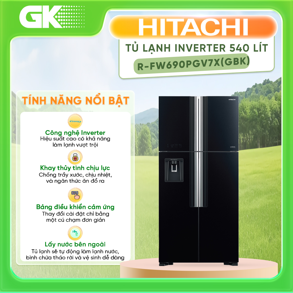 Tủ lạnh hitachi inverter 540 lít r-fw690pgv7x gbk cảm biến nhiệt eco tiết kiệm điện công nghệ kháng khuẩn khử mùi - giao toàn quốc