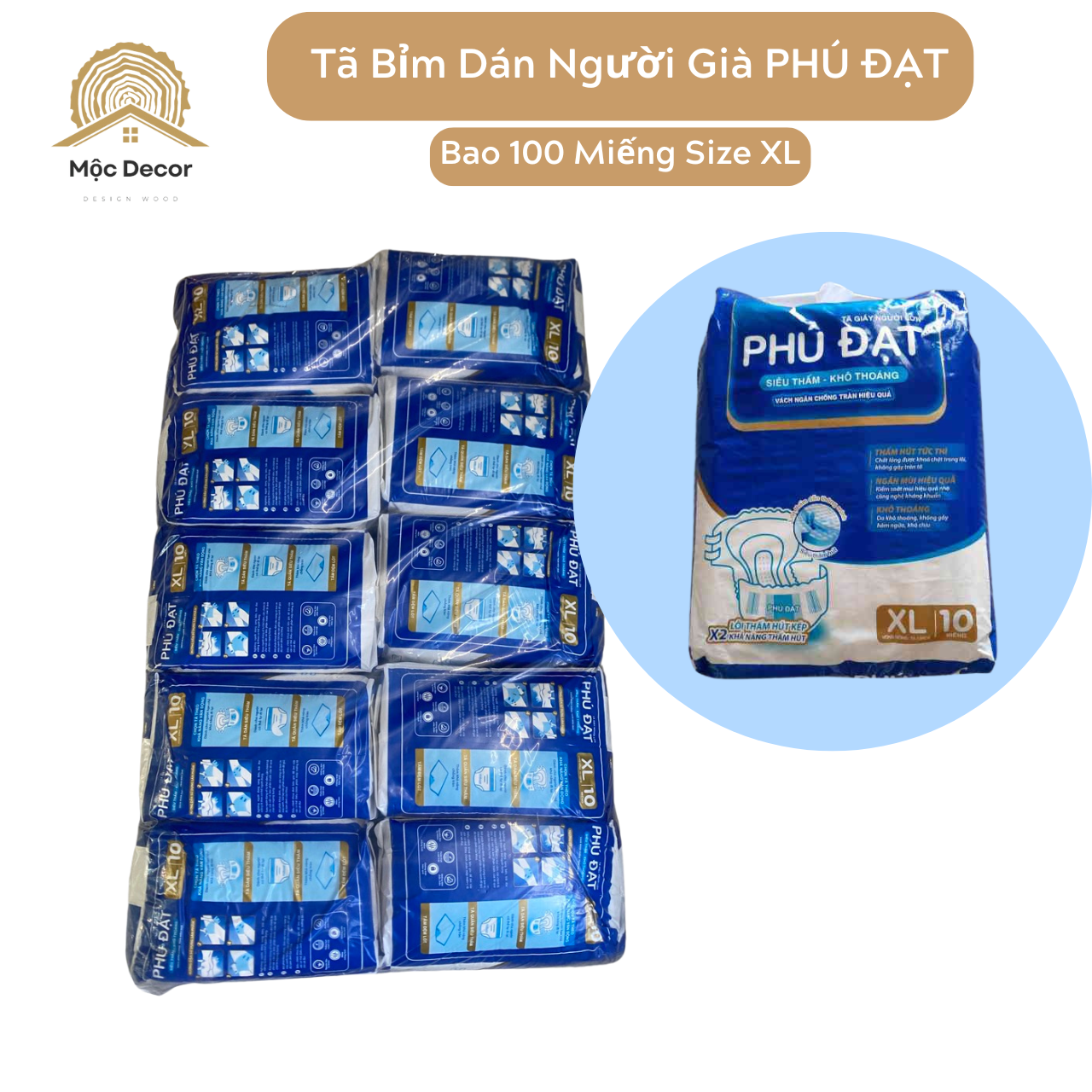 Bao 100 miếng Tã dán người lớn Phú Đạt siêu thấm có vách chống tràn size XL