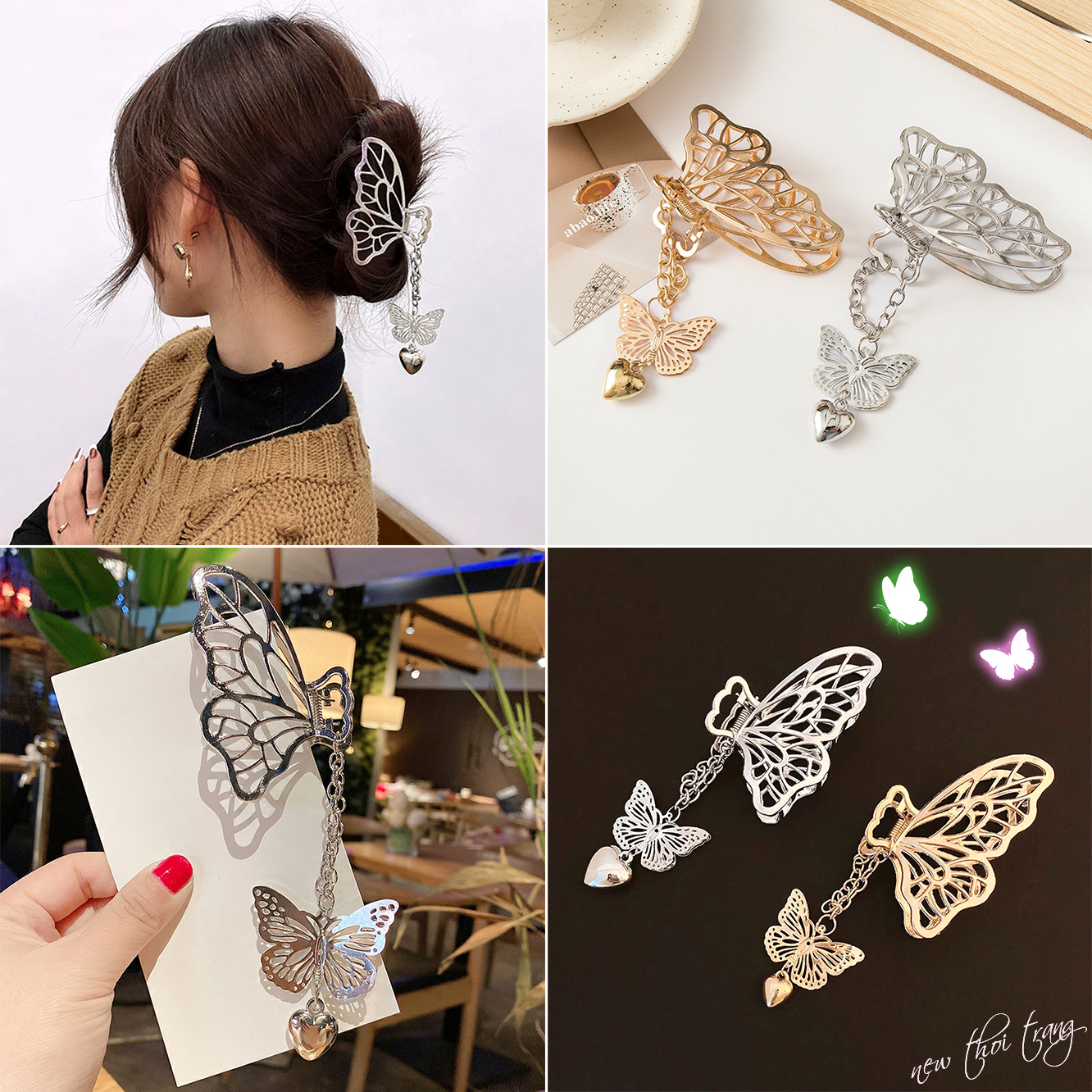 Kẹp Tóc Bướm Treo Mặt Trái Tim Kim Loại Phong Cách Dễ Thương